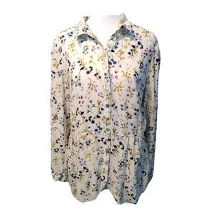 J JILL Blouse Peplum Floral Long Sleeve High Low Cottagecore White Medium